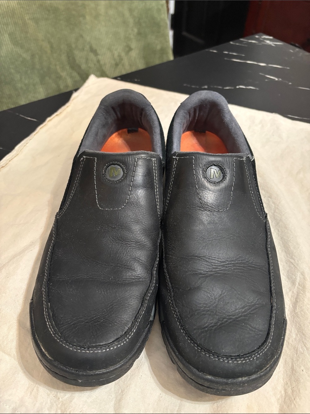 Merrell Black Leather Slip-On Loafers with Orange Lining